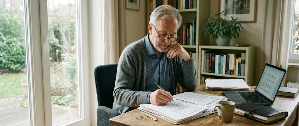 Rentner prüft Unterlagen zur Rentenreform 2026 am Schreibtisch
